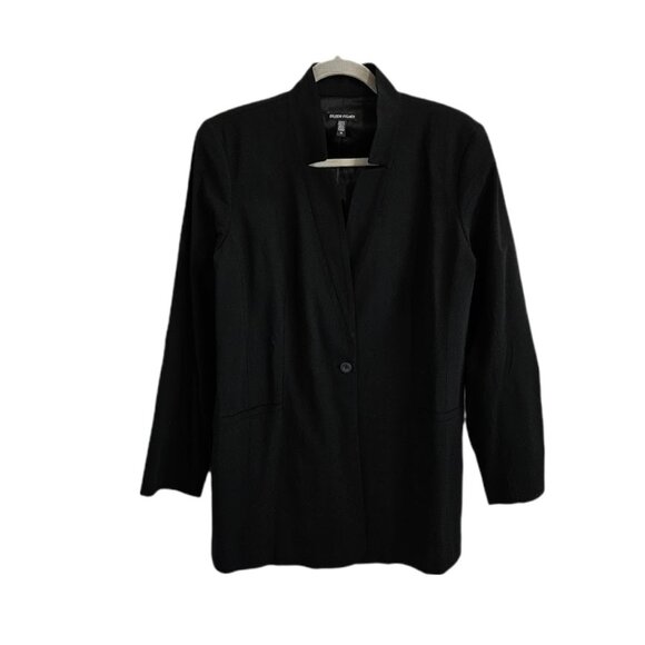 Eileen Fisher Notch Collar Long Blazer Jacket Wool Blend Black 12 - Picture 2 of 13